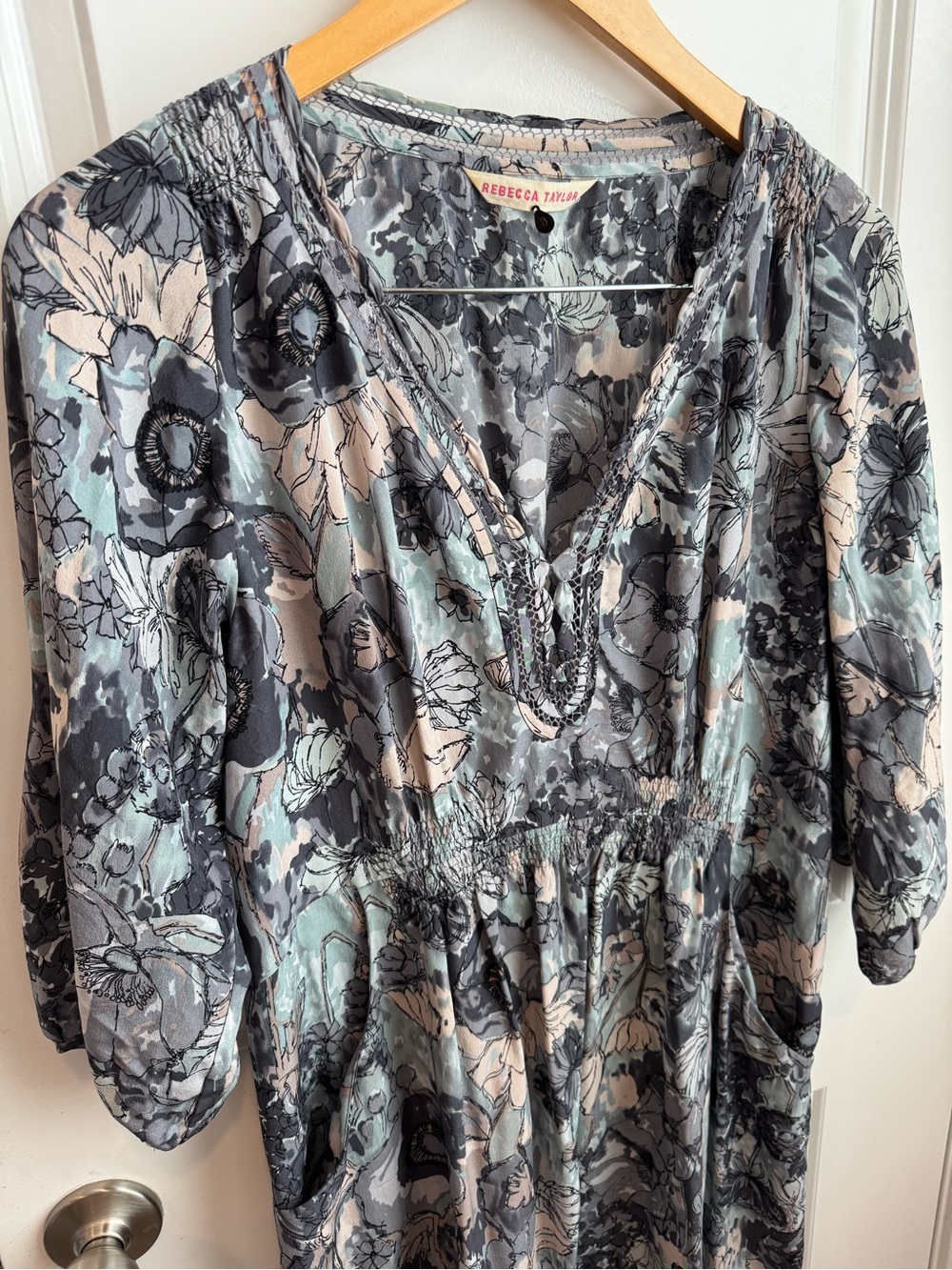 Rebecca Taylor 100% Silk Floral Smocked Waist Midi Dress 8